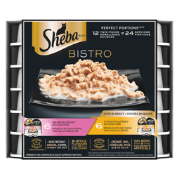 SHEBA® BISTRO PERFECT PORTIONS™ Cuts in Gravy Chicken in Alfredo Sauce and Salmon in Creamy Sauce Entrée image