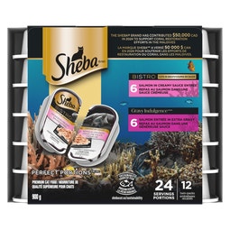 SHEBA® PERFECT PORTIONS™ - BISTRO Cuts in Gravy Salmon in Creamy Sauce Entrée and GRAVY INDULGENCE™ Salmon Entrée in Extra Gravy image