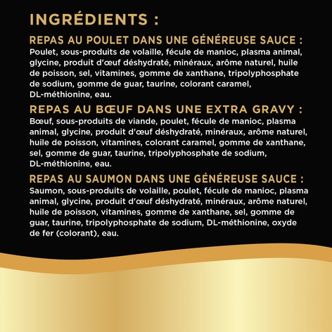 Repas au poulet, repas au bœuf et repas au saumon dans une généreuse sauce SHEBA GRAVY INDULGENCE PERFECT PORTIONS en format variété image 1