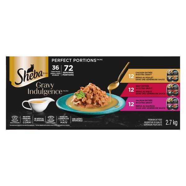 Repas au poulet, repas au bœuf et repas au saumon dans une généreuse sauce SHEBA GRAVY INDULGENCE PERFECT PORTIONS en format variété image 1