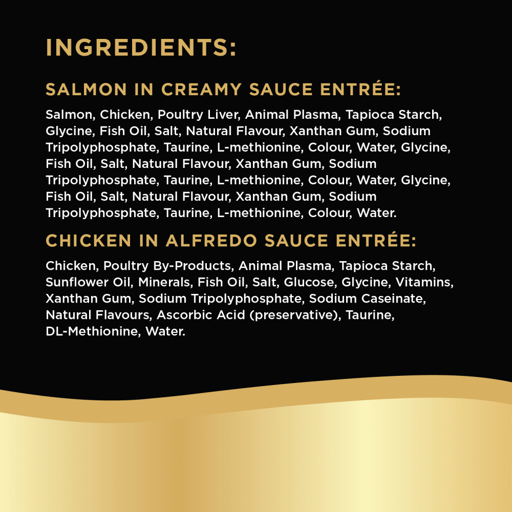 SHEBA® BISTRO PERFECT PORTIONS™ Cuts in Gravy Chicken in Alfredo Sauce and Salmon in Creamy Sauce Entrée ingredients image